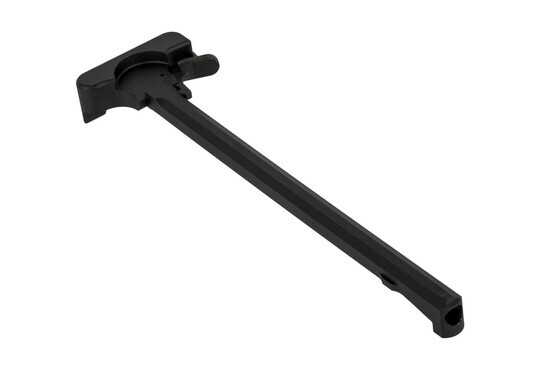 The Lewis Machine and Tool AR10 charging handle features an extended latch for faster weapon charging